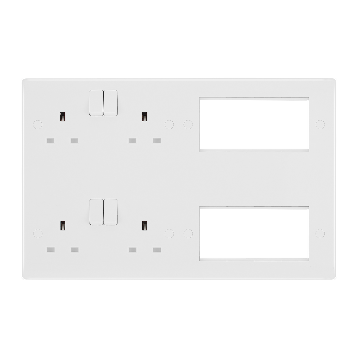 Combination Plate 2 x 13A Switched Socket + 8 Module Aperture – Rounded Edge White – BG 8222EM8-01 front view