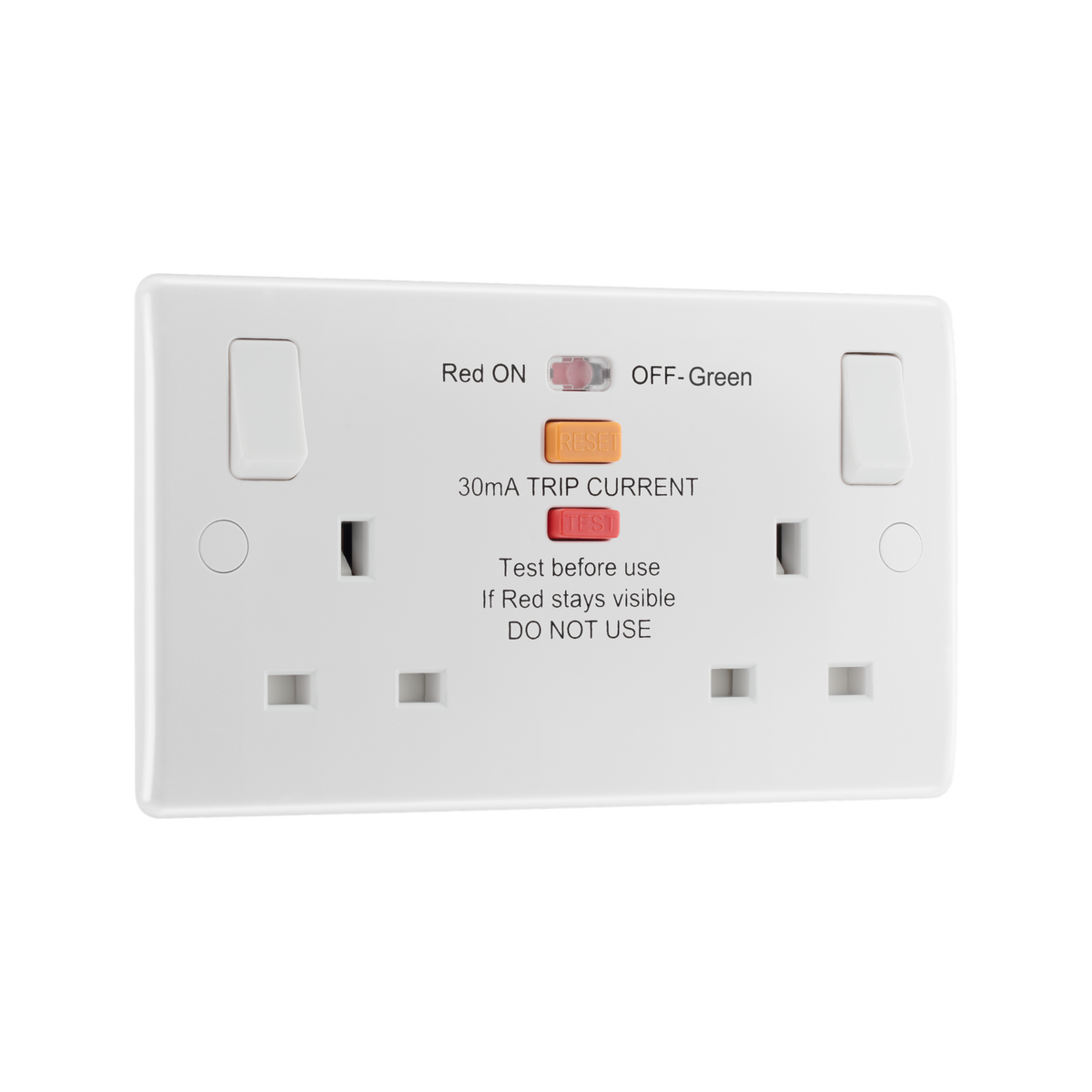 Double Switched Socket 13A with Type A RCD Protection – Rounded Edge White – BG 822ARCD-01 angled view