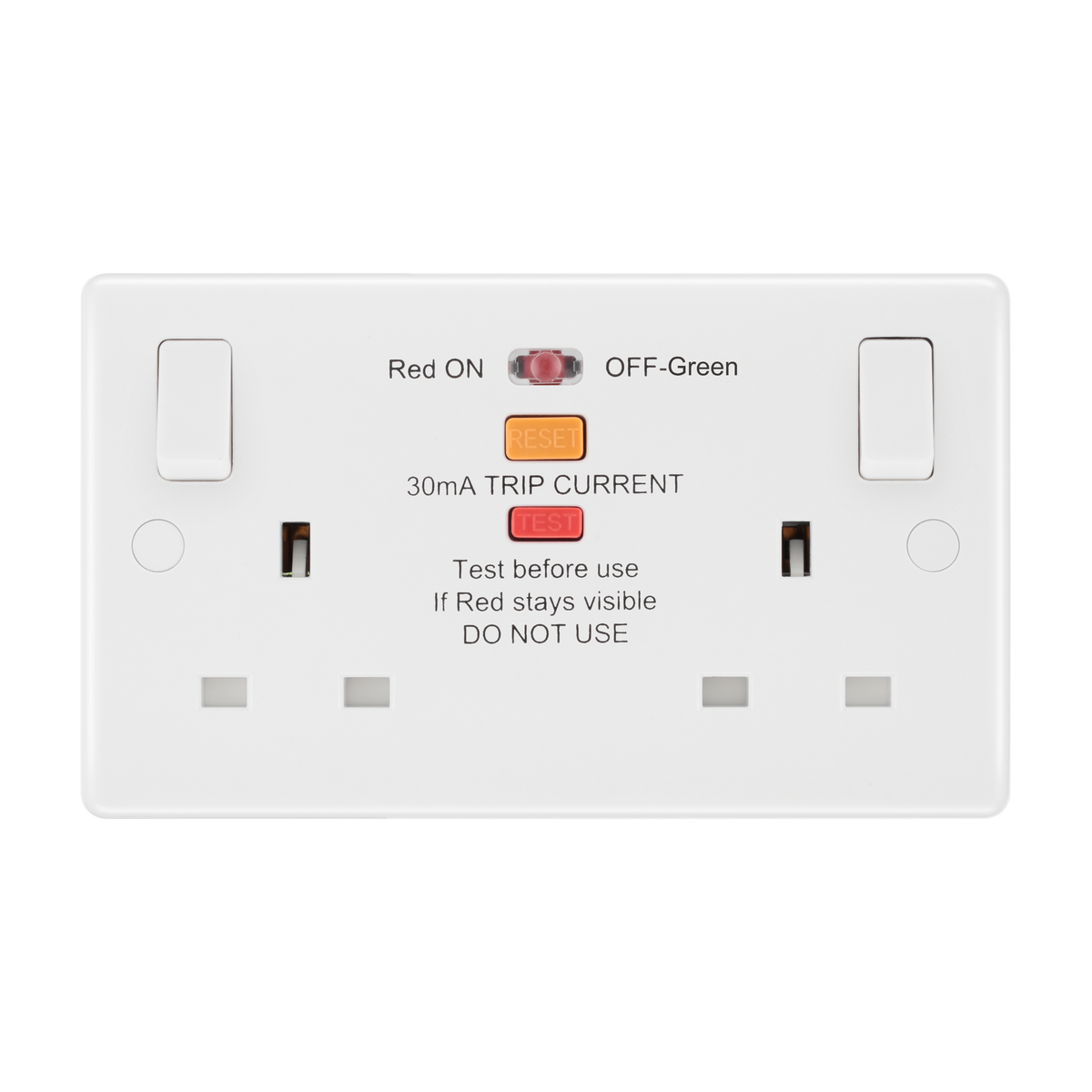 Double Switched Socket 13A with Type A RCD Protection – Rounded Edge White – BG 822ARCD-01 front view