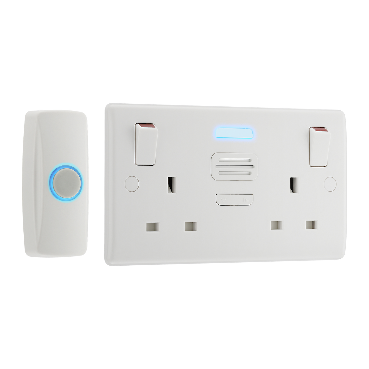 Double Switched Socket 13A with Door Chime – Rounded Edge White – BG 822BELL-01 angled view