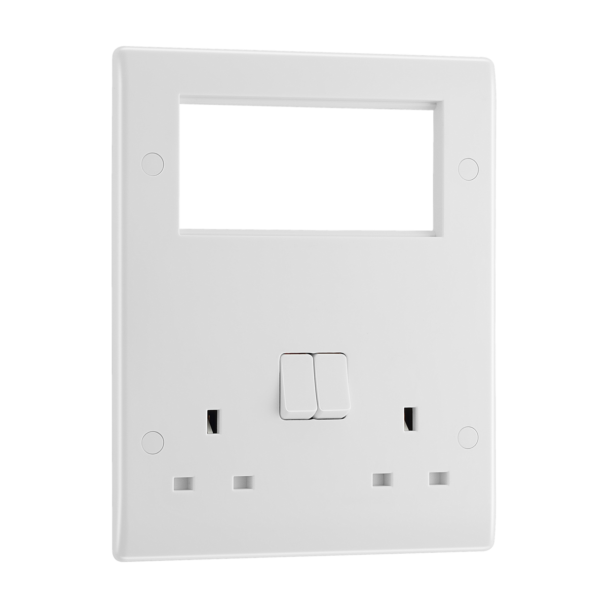 Combination Plate 13A Switched Socket + 4 Module Aperture – Rounded Edge White – BG 822EM4-01 angled view