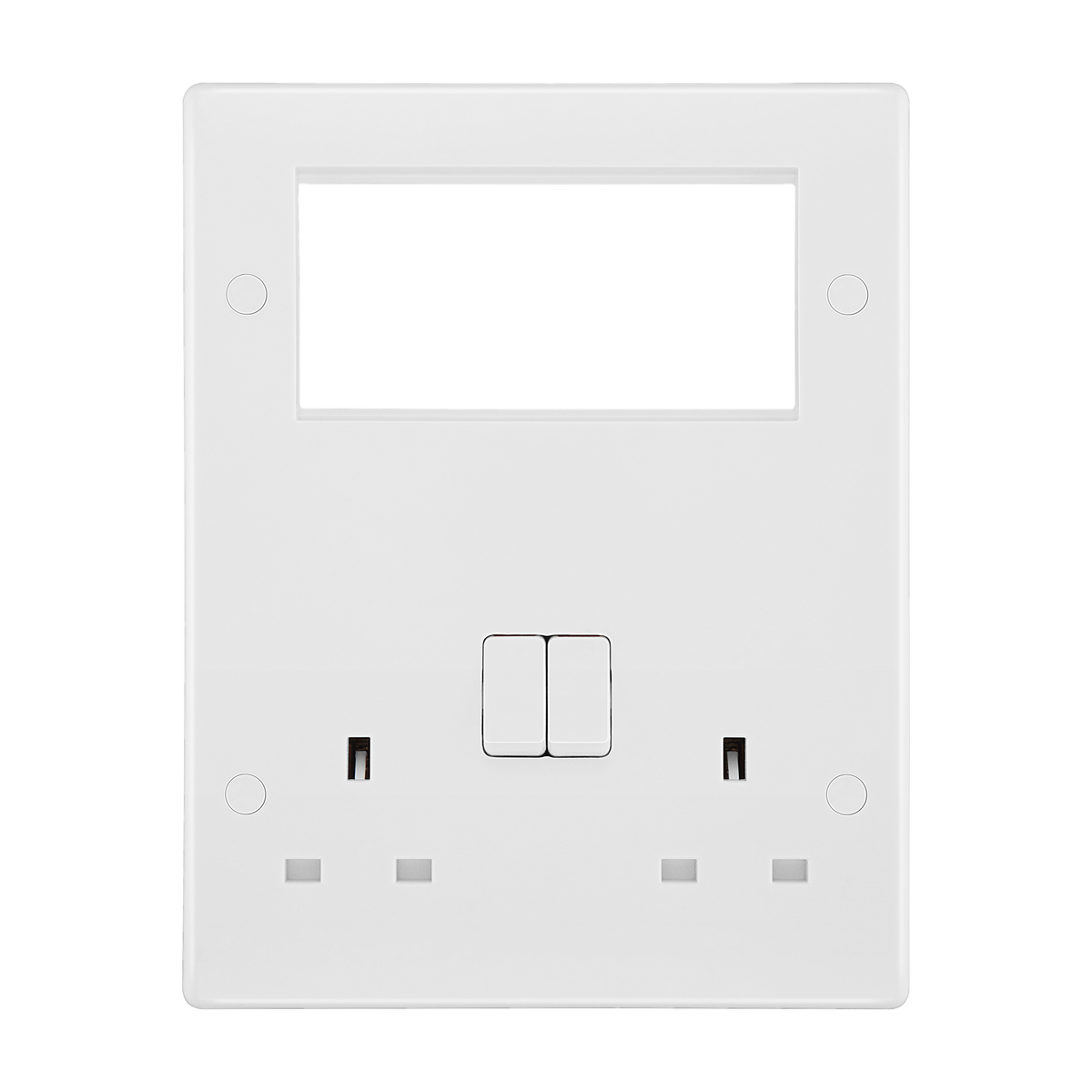 Combination Plate 13A Switched Socket + 4 Module Aperture – Rounded Edge White – BG 822EM4-01 front view