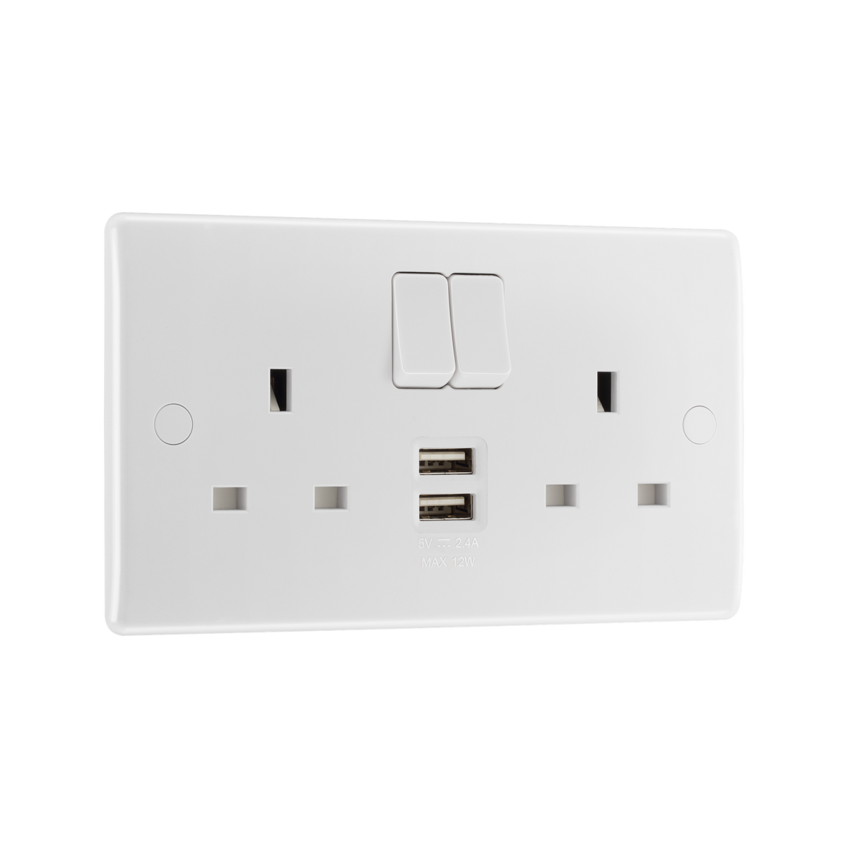Double Switched Socket 13A with 2 x USB-A 12W – Rounded Edge White – BG 822UAA12-01 angled view
