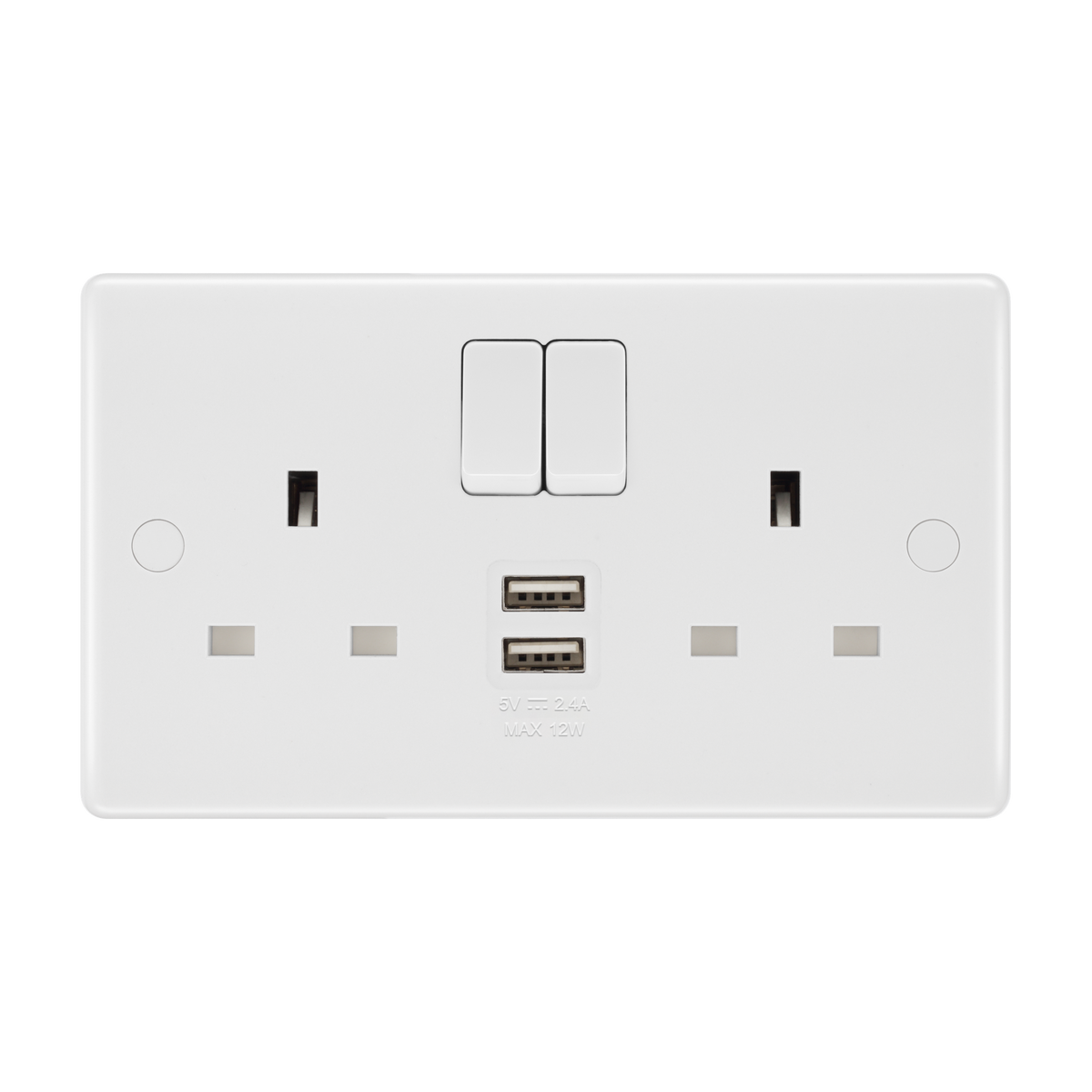 Double Switched Socket 13A with 2 x USB-A 12W – Rounded Edge White – BG 822UAA12-01 front view