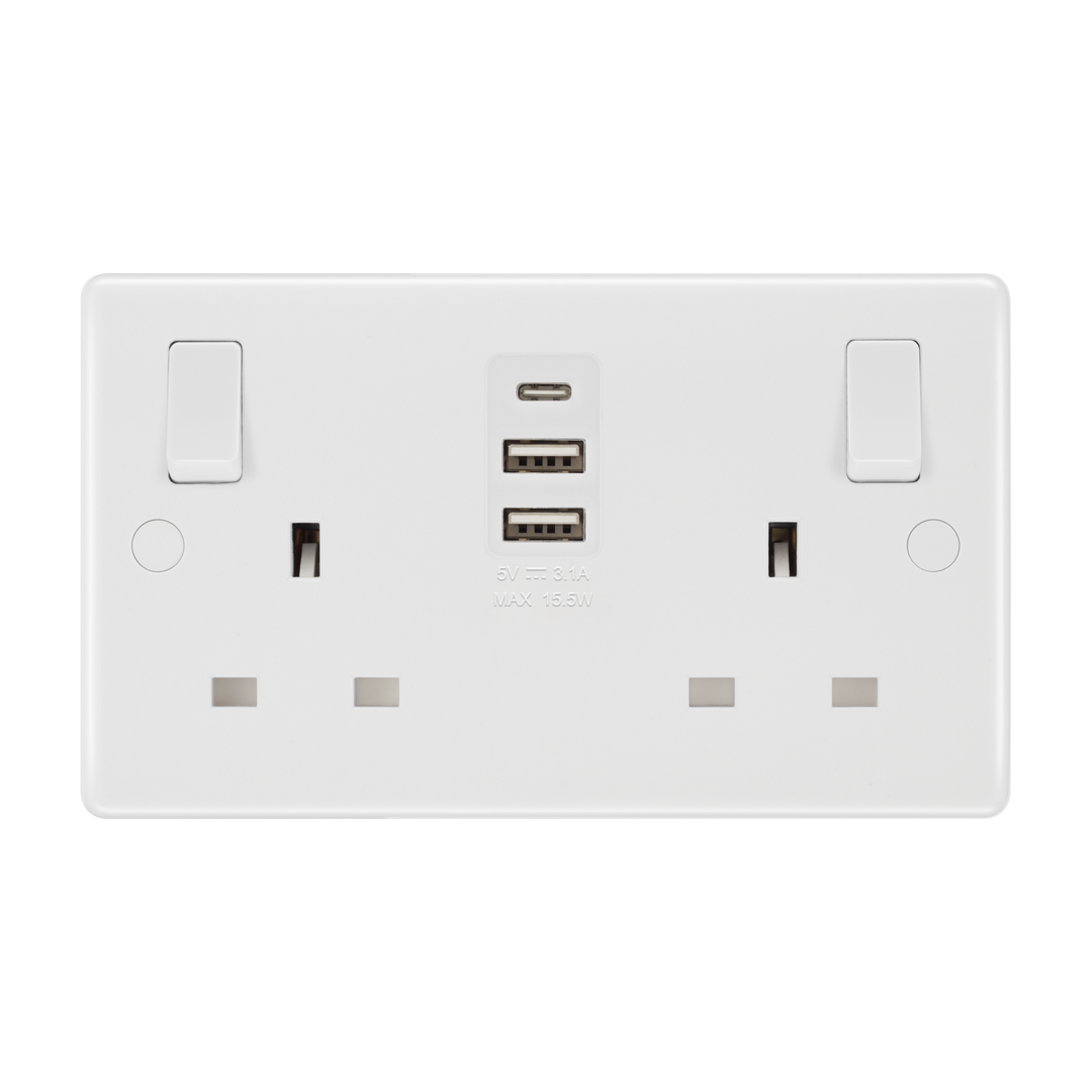 Double Switched Socket 13A with 2 x USB-A & 1 x USB-C 15W – Rounded Edge White – BG 822UAAC15-01 front view