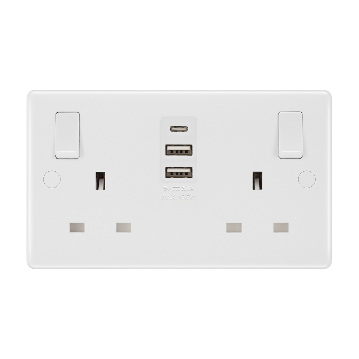 Double Switched Socket 13A with 2 x USB-A & 1 x USB-C 15W – Rounded Edge White – BG 822UAAC15-01 front view