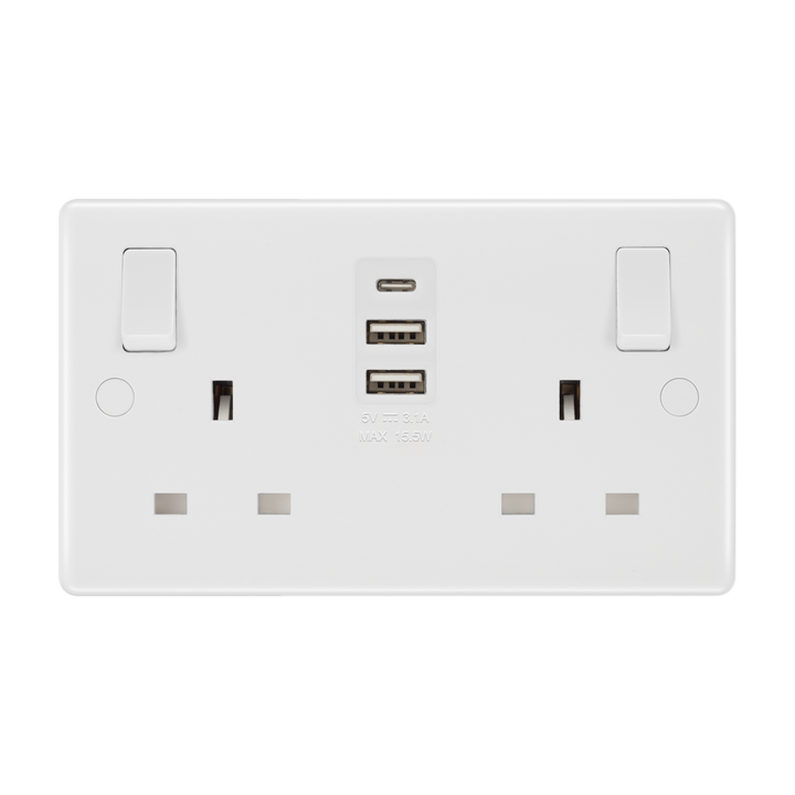 Double Switched Socket 13A with 2 x USB-A & 1 x USB-C 15W – Rounded Edge White – BG 822UAAC15-01 front view