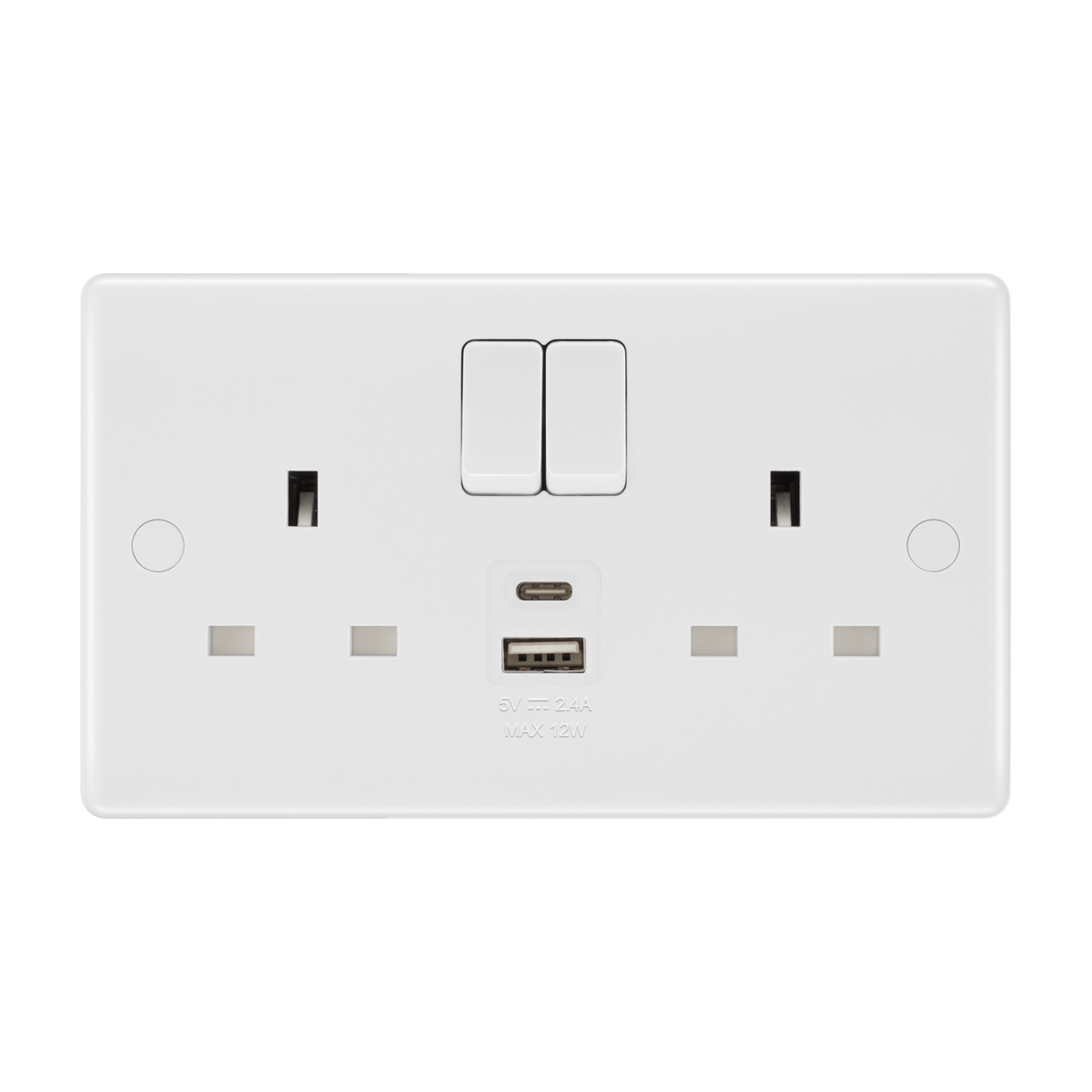 Double Switched Socket 13A with USB-A & USB-C 12W – Rounded Edge White – BG 822UAC12-01 front view