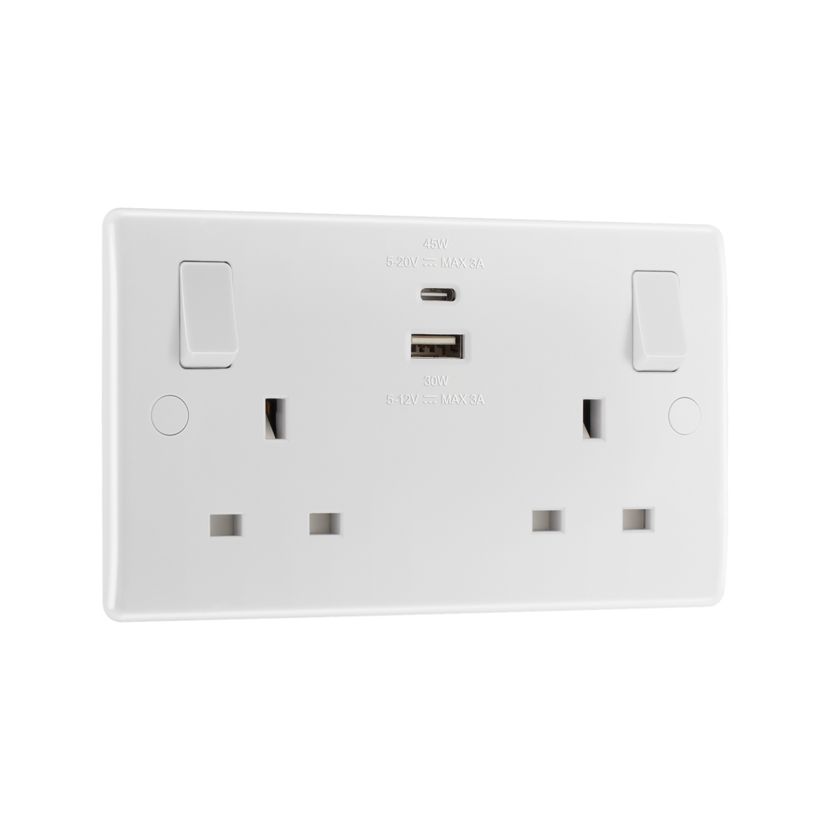 Double Switched Socket 13A with USB-A & USB-C 45W – Rounded Edge White – BG 822UAC45-01 angled view