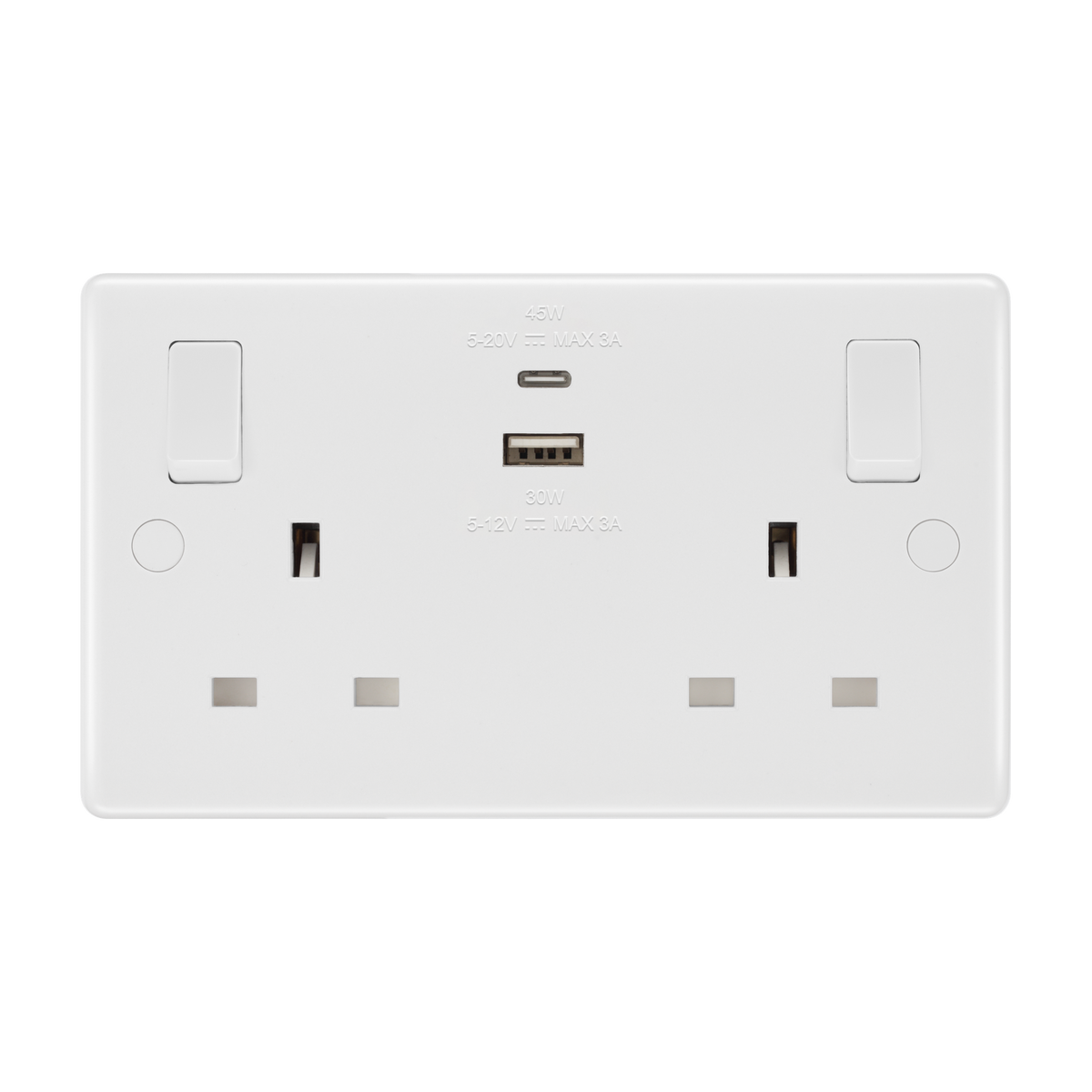 Double Switched Socket 13A with USB-A & USB-C 45W – Rounded Edge White – BG 822UAC45-01 front view