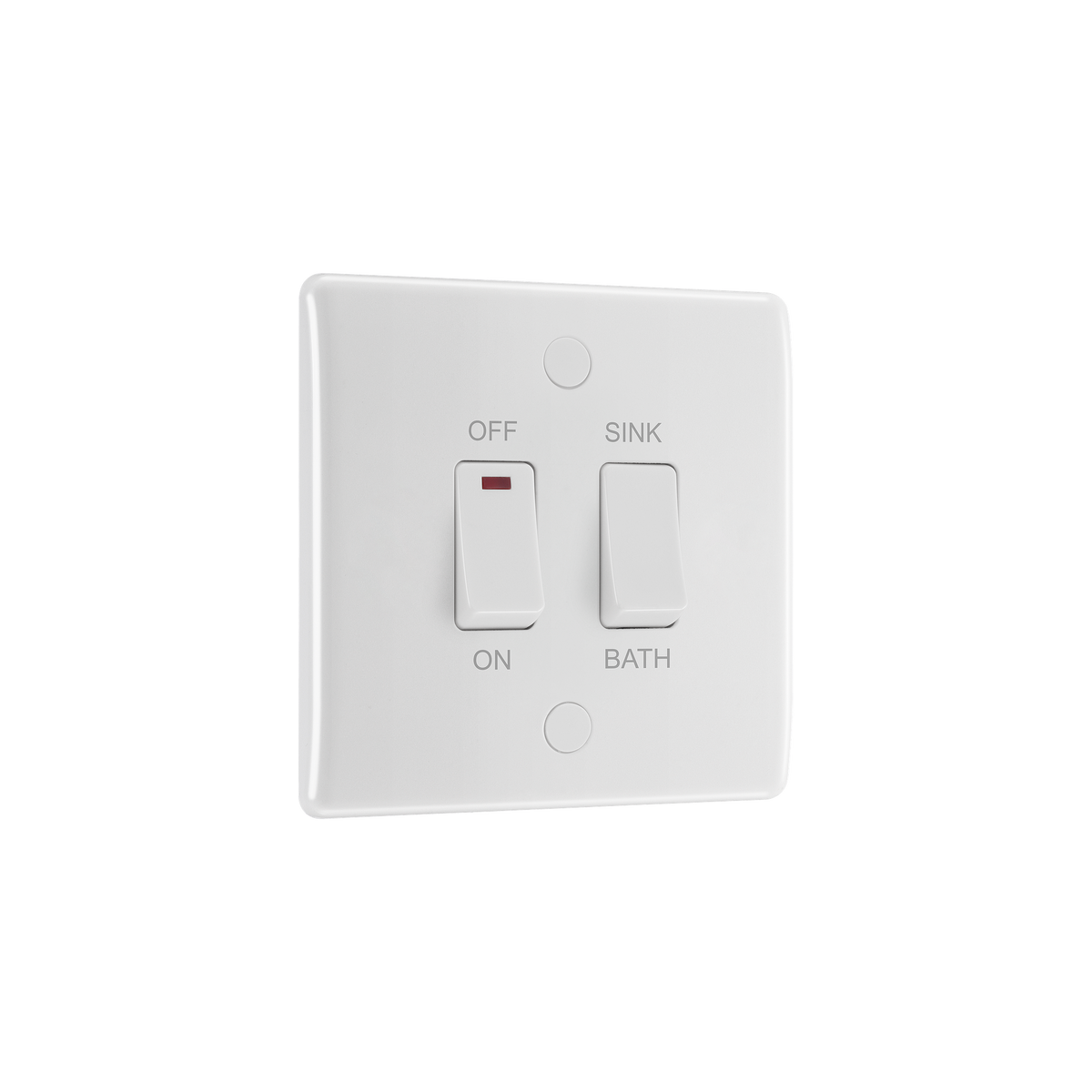 20A Double Pole Sink/Bath Switch with LED & 10A 2 Way Switch – Rounded Edge White – BG 83112-01 angled view
