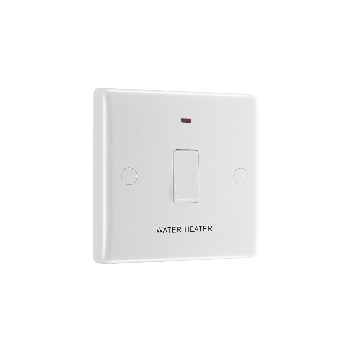 20A Double Pole Water Heater Switch with LED Indicator & Flex Outlet – Rounded Edge White – BG 833WH-01 angled view