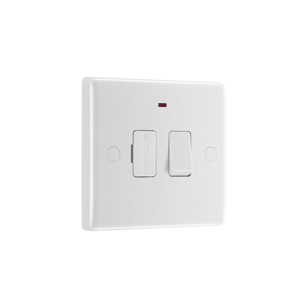 Switched Fused Connection Unit 13A with LED Indicator & Flex Outlet – Rounded Edge White – BG 853-01 angled view