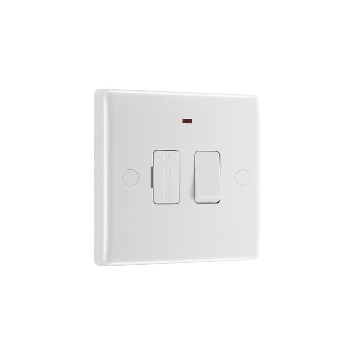 Switched Fused Connection Unit 13A with LED Indicator & Flex Outlet – Rounded Edge White – BG 853-01 angled view