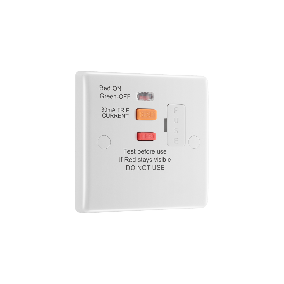 Unswitched 13A Fused Connection Unit with Type A RCD Protection & Flex Outlet – Rounded Edge White – BG 855ARCD-01 angled view