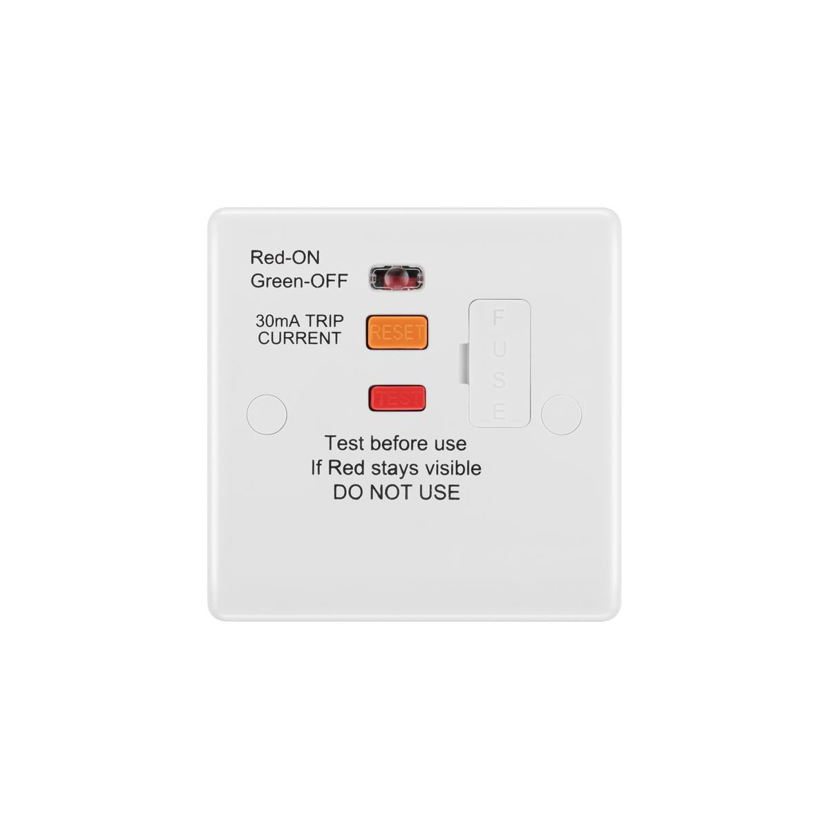 Unswitched 13A Fused Connection Unit with Type A RCD Protection & Flex Outlet – Rounded Edge White – BG 855ARCD-01 front view