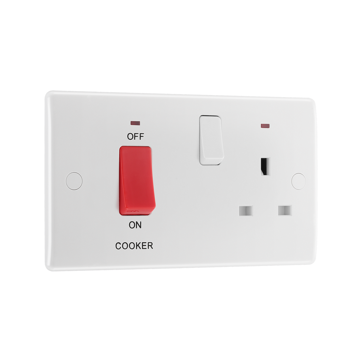 45A Cooker Control Unit with 13A Socket & LED Indicators – Rounded Edge White – BG 870-01 angled view