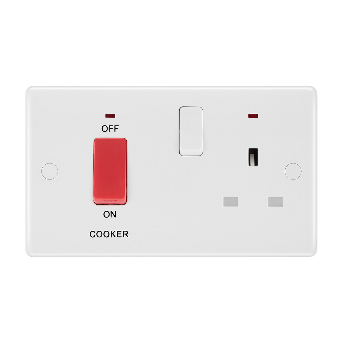 45A Cooker Control Unit with 13A Socket & LED Indicators – Rounded Edge White – BG 870-01 front view