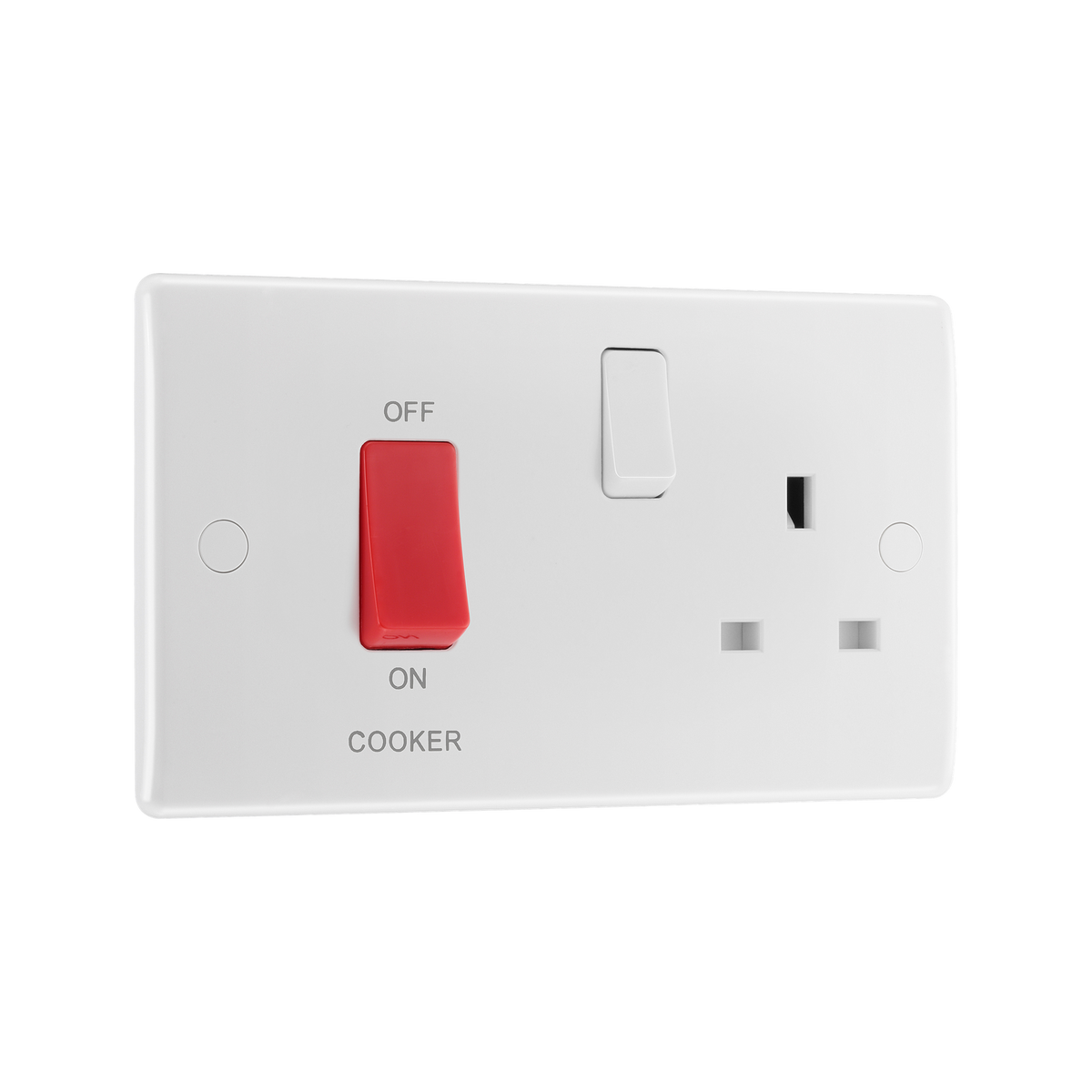 45A Cooker Control Unit with 13A Socket – Rounded Edge White – BG 871-01 angled view