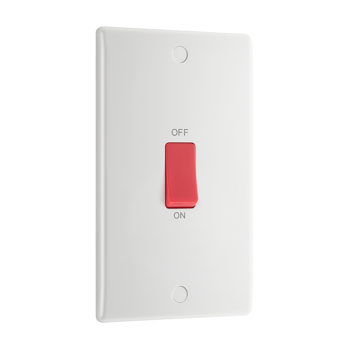 45A Large Plate Double Pole Switch – Rounded Edge White – BG 873-01 angled view