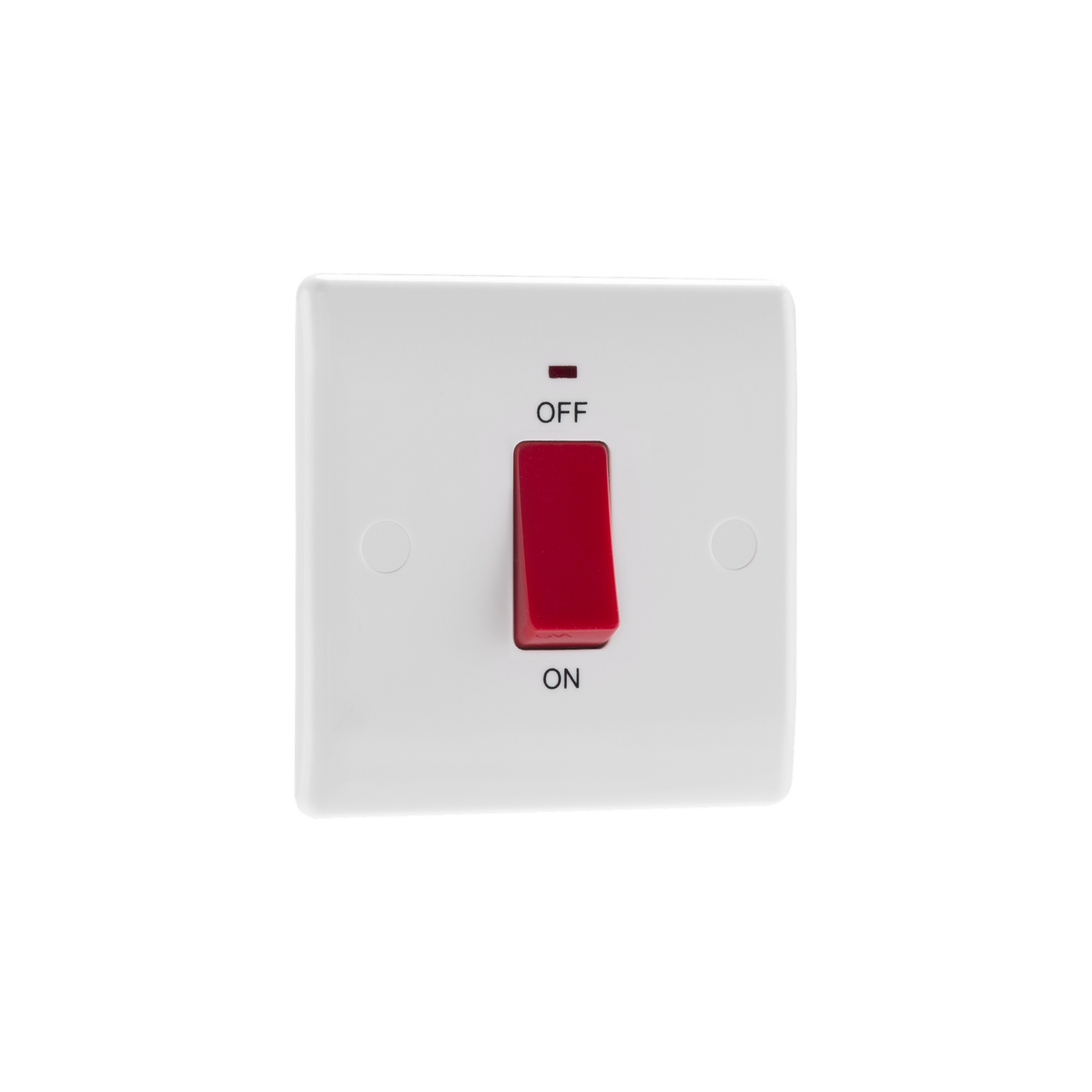 45A Square Plate Double Pole Switch with LED Indicator – Rounded Edge White – BG 874-01 angled view