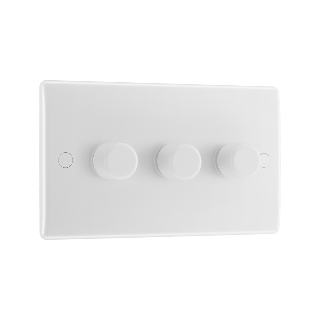 Triple Dimmer Switch 2 Way, Trailing Edge 200W – Rounded Edge White – BG 883-01 angled view