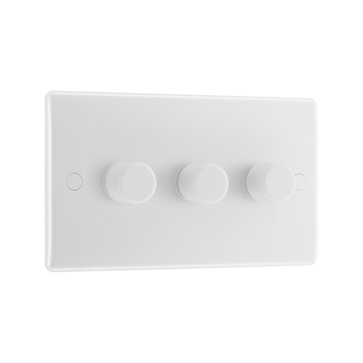 Triple Dimmer Switch 2 Way, Trailing Edge 200W – Rounded Edge White – BG 883-01 angled view