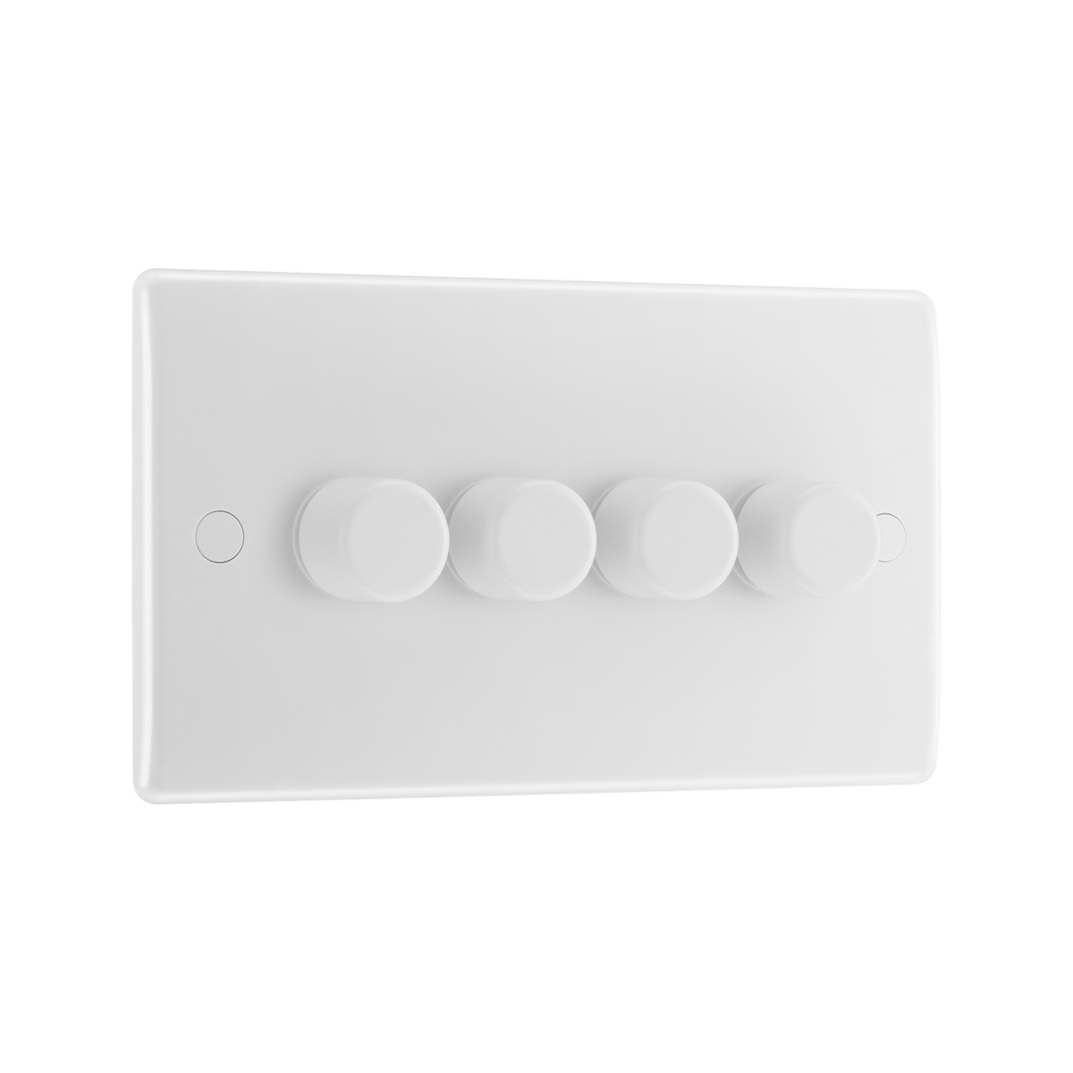 Quadruple Dimmer Switch 2 Way, Trailing Edge 200W – Rounded Edge White – BG 884-01 angled view