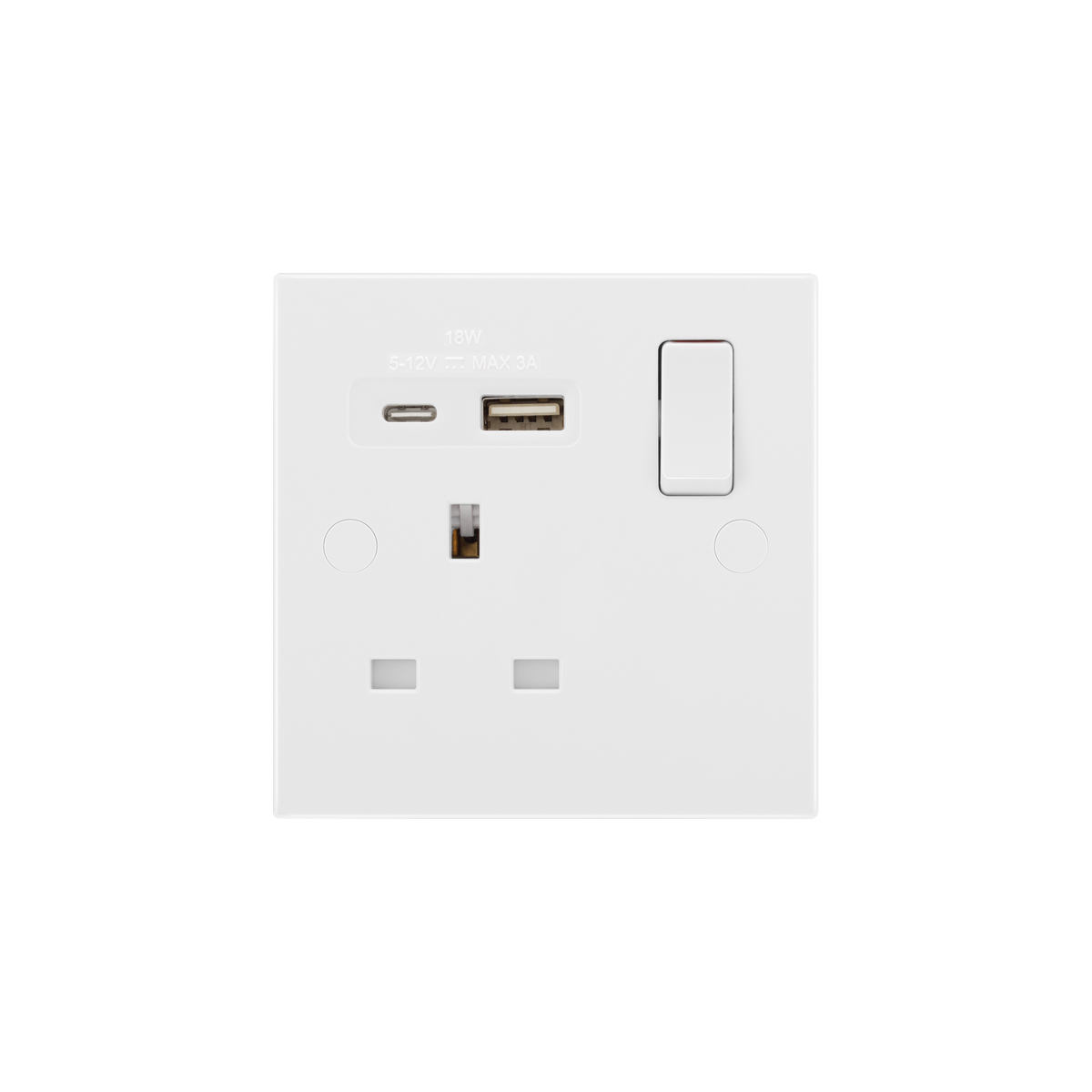 Single Switched Socket 13A with USB-A & USB-C 18W – Square Edge White – BG 921UAC18-01 front view