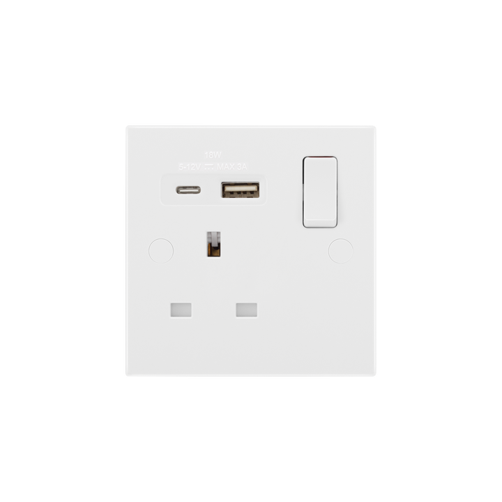 Single Switched Socket 13A with USB-A & USB-C 18W – Square Edge White – BG 921UAC18-01 front view