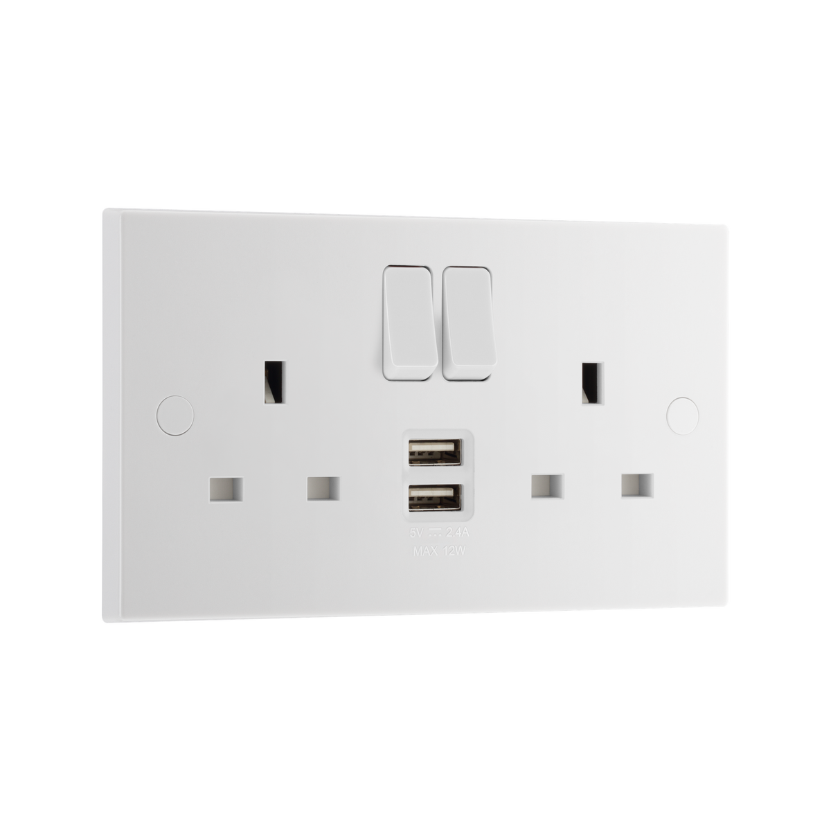 Double Switched Socket 13A with 2 x USB-A 12W – Square Edge White – BG 922UAA12-01 angled view
