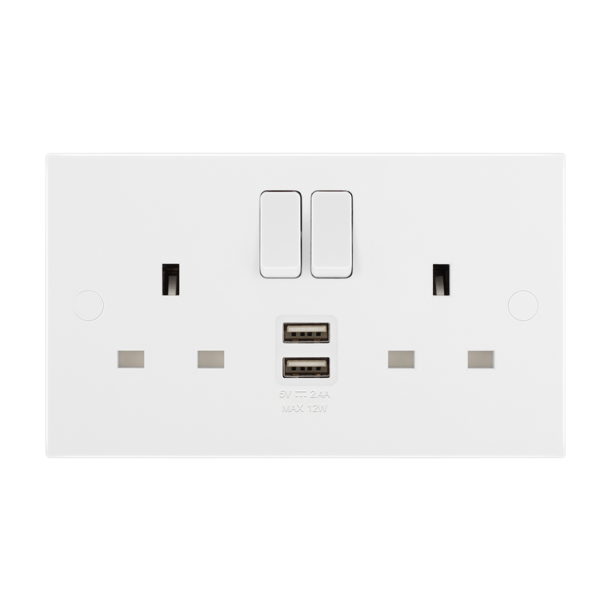 Double Switched Socket 13A with 2 x USB-A 12W – Square Edge White – BG 922UAA12-01 front view