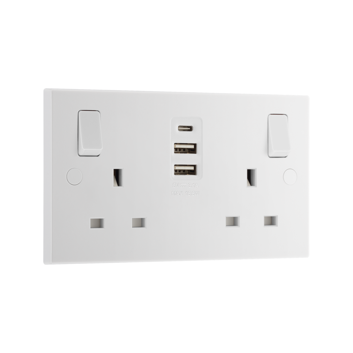 Double Switched Socket 13A with 2 x USB-A & 1 x USB-C 15W – Square Edge White – BG 922UAAC15-01 angled view