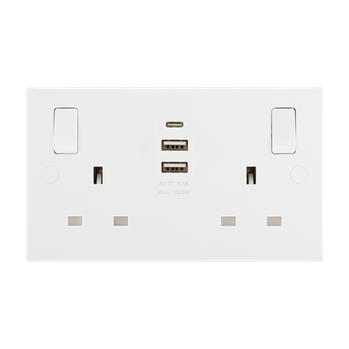 Double Switched Socket 13A with 2 x USB-A & 1 x USB-C 15W – Square Edge White – BG 922UAAC15-01 front view