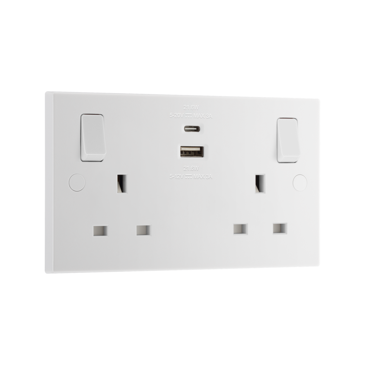 Double Switched Socket 13A with USB-A & USB-C 22W – Square Edge White – BG 922UAC22-01 angled view