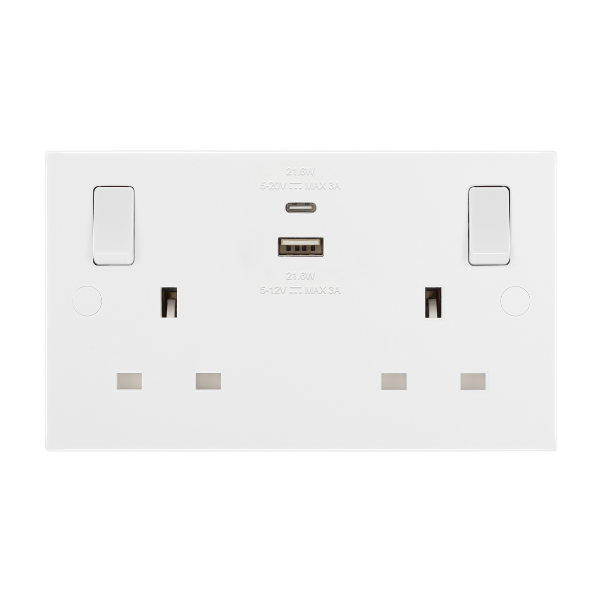 Double Switched Socket 13A with USB-A & USB-C 22W – Square Edge White – BG 922UAC22-01 front view