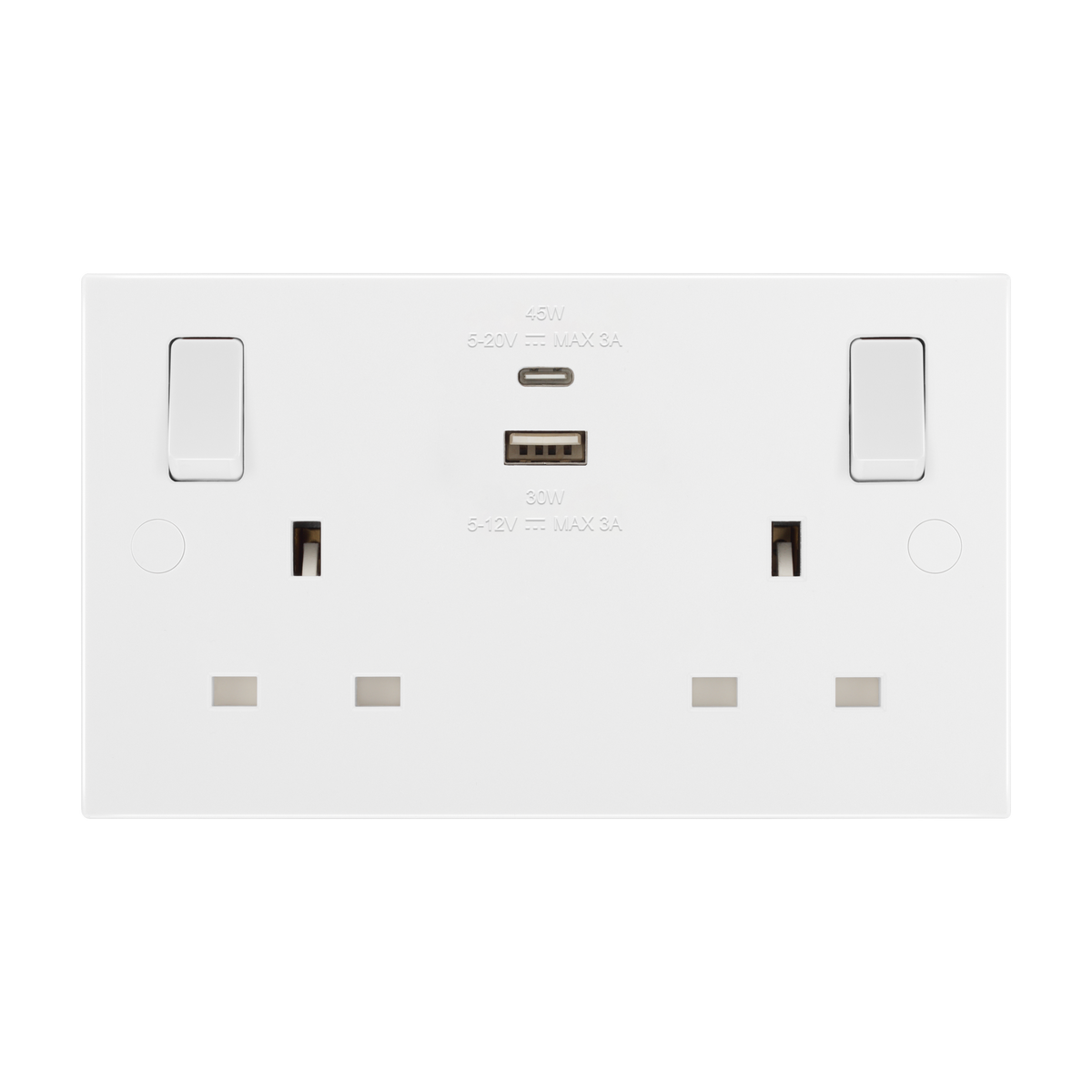 Double Switched Socket 13A with USB-A & USB-C 45W – Square Edge White – BG 922UAC45-01 front view