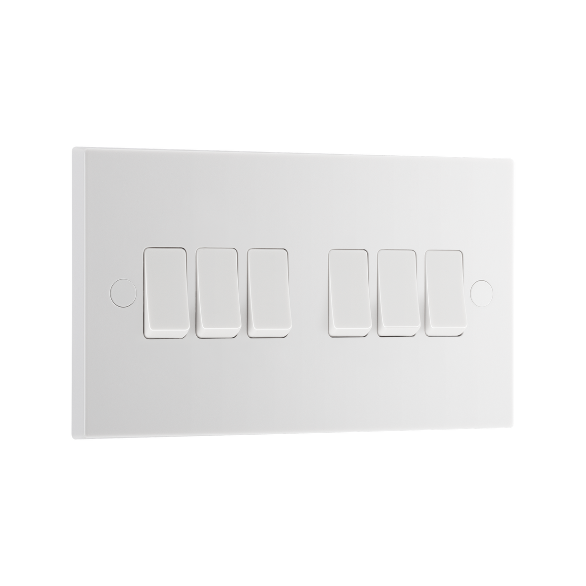 Light Switch 6 Gang 2 Way – Square Edge White – BG 946-02 angled view