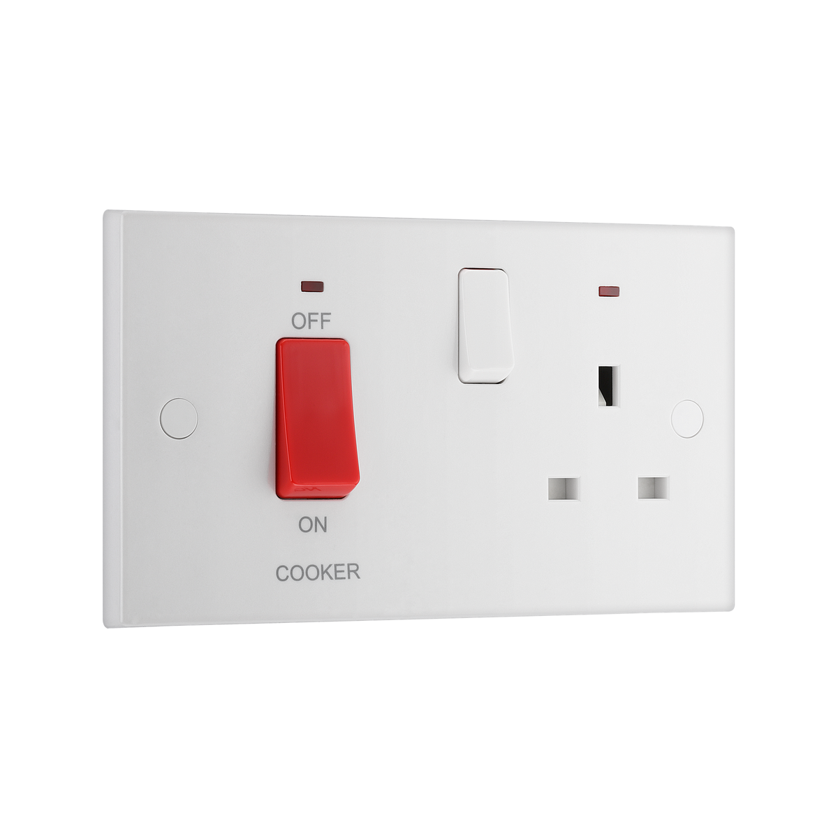 45A Cooker Control Unit with 13A Socket & LED Indicators – Square Edge White – BG 970-0J angled view