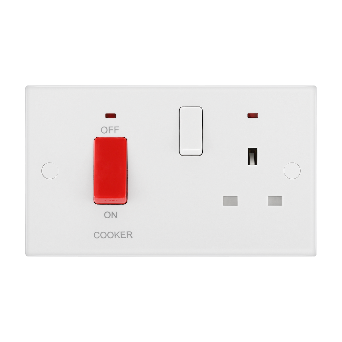 45A Cooker Control Unit with 13A Socket & LED Indicators – Square Edge White – BG 970-0J front view