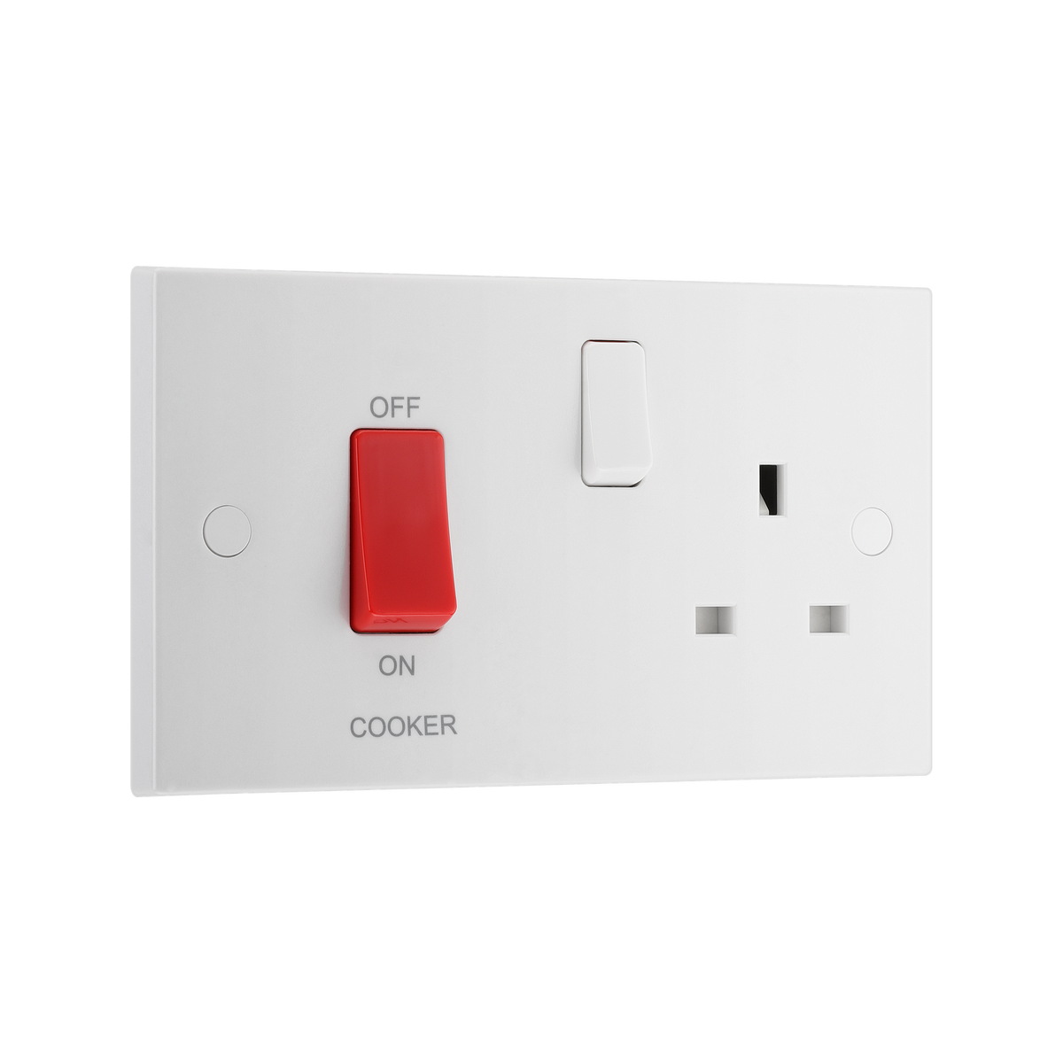 45A Cooker Control Unit with 13A Socket – Square Edge White – BG 971-0J angled view