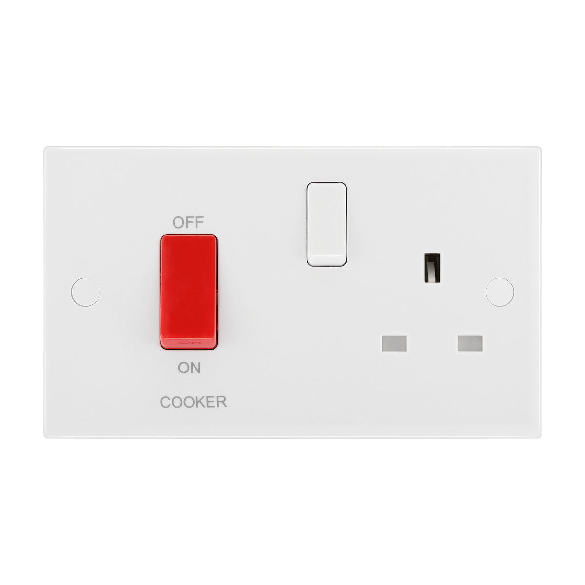 45A Cooker Control Unit with 13A Socket – Square Edge White – BG 971-0J front view