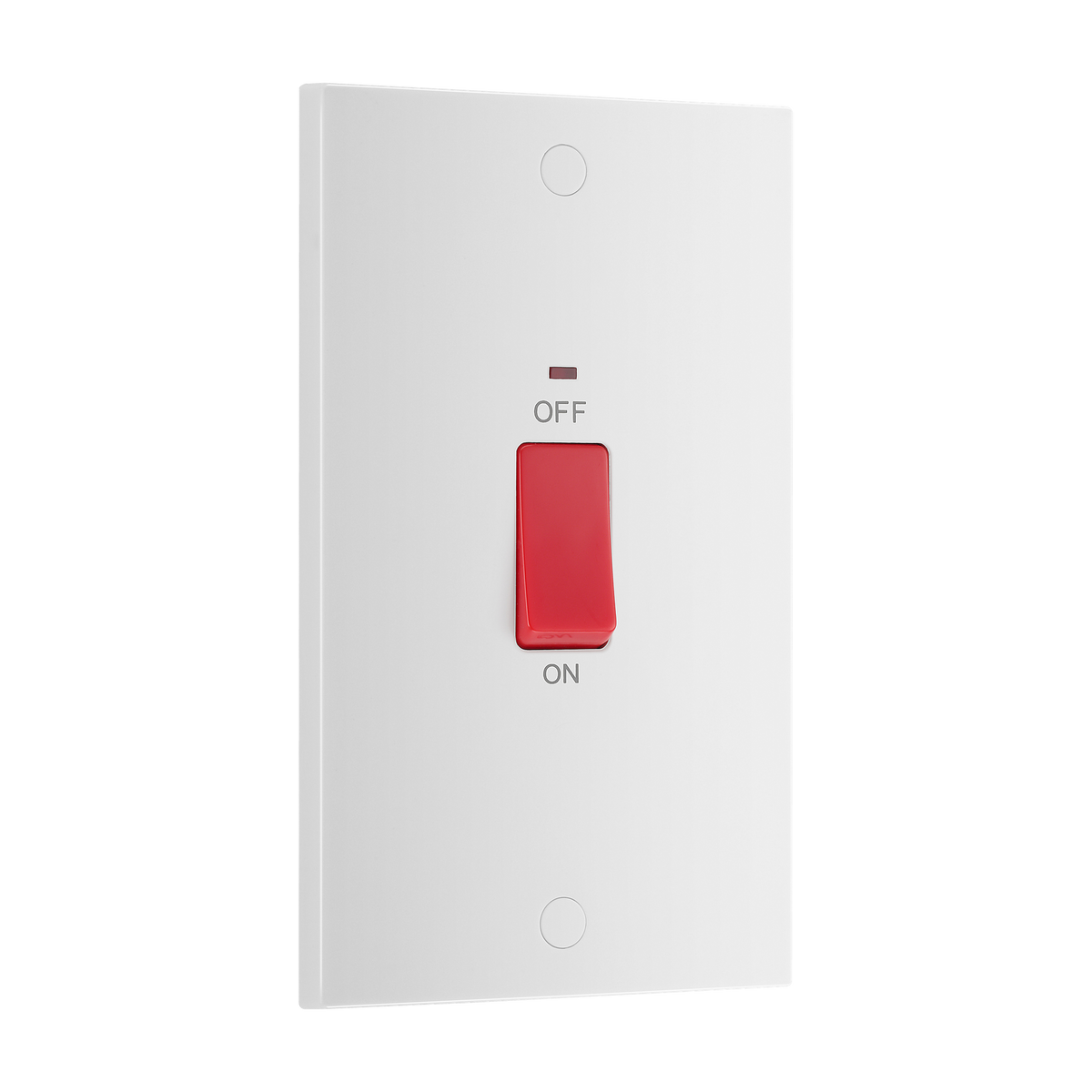 45A Large Plate Double Pole Switch with LED Indicator – Square Edge White – BG 972-0J angled view