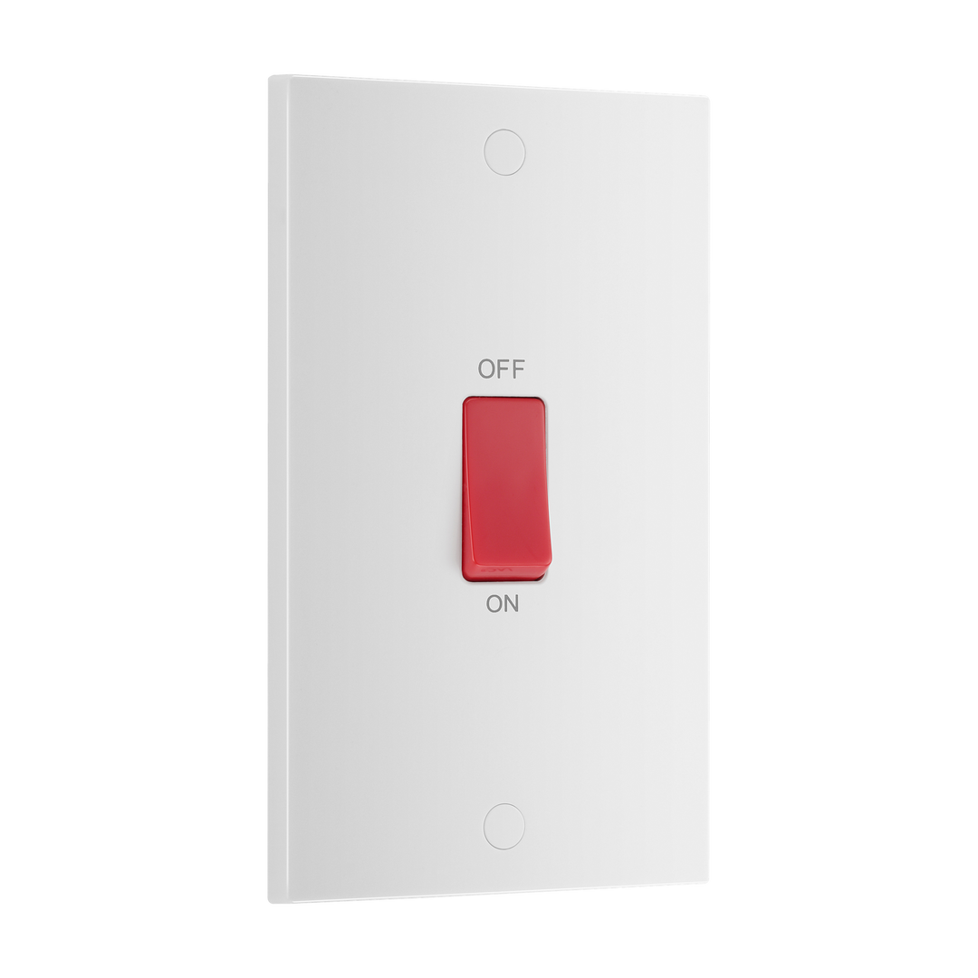 45A Large Plate Double Pole Switch – Square Edge White – BG 973-0J angled view