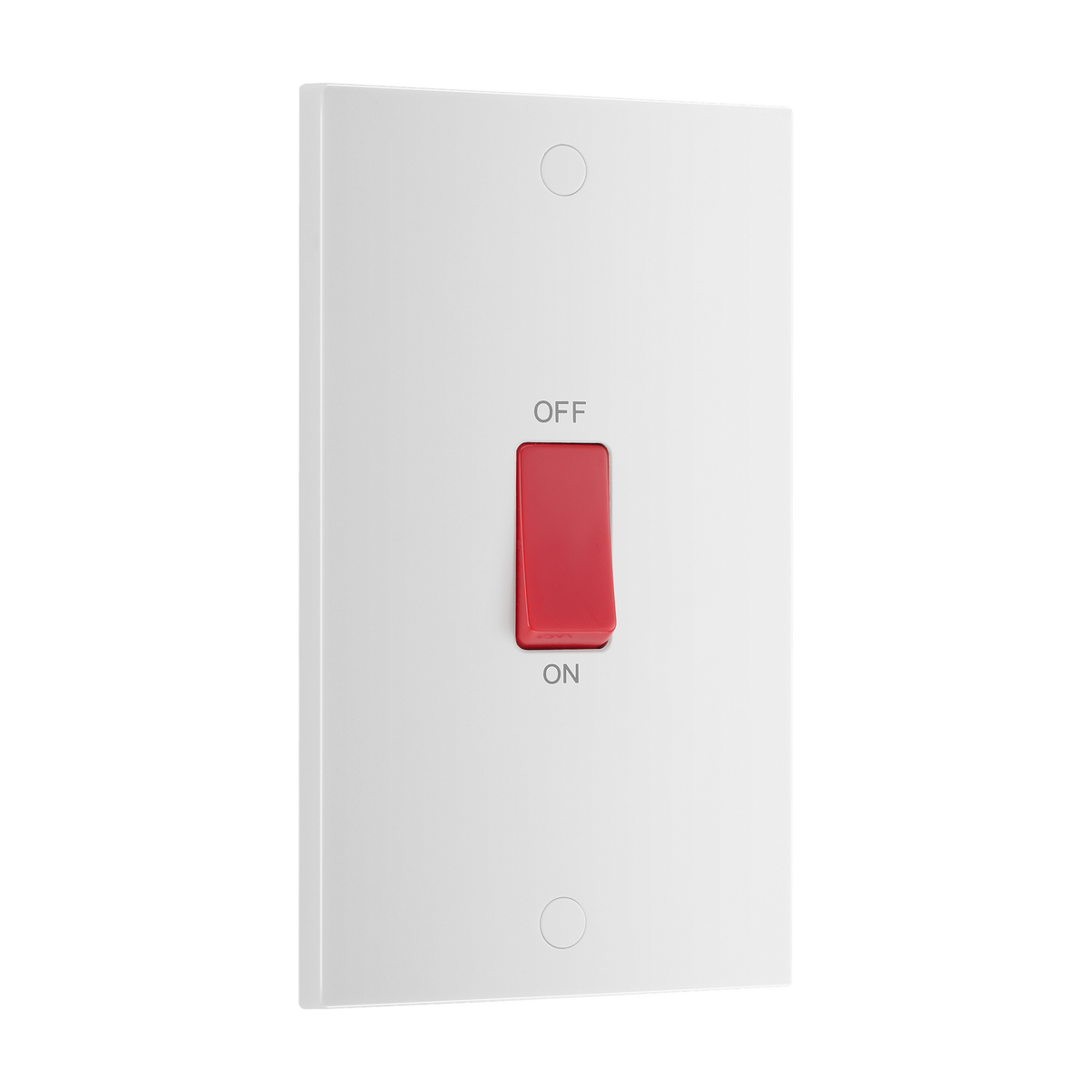 45A Large Plate Double Pole Switch – Square Edge White – BG 973-0J angled view