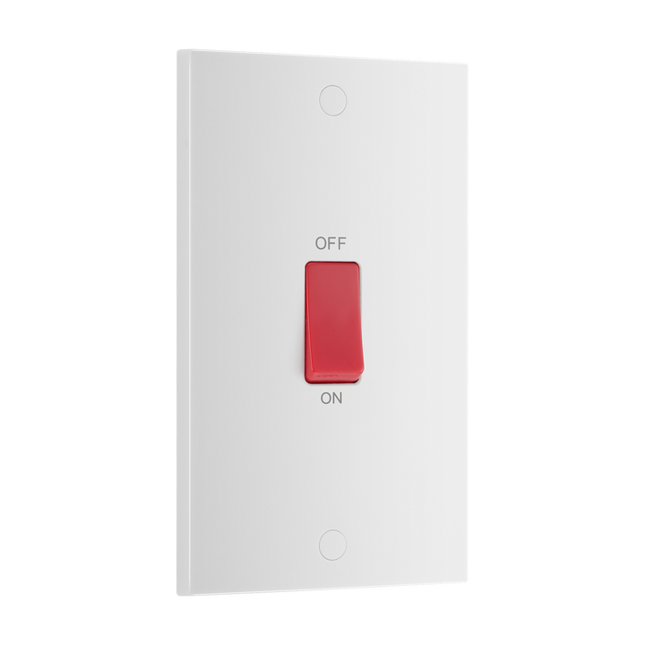 45A Large Plate Double Pole Switch – Square Edge White – BG 973-0J angled view