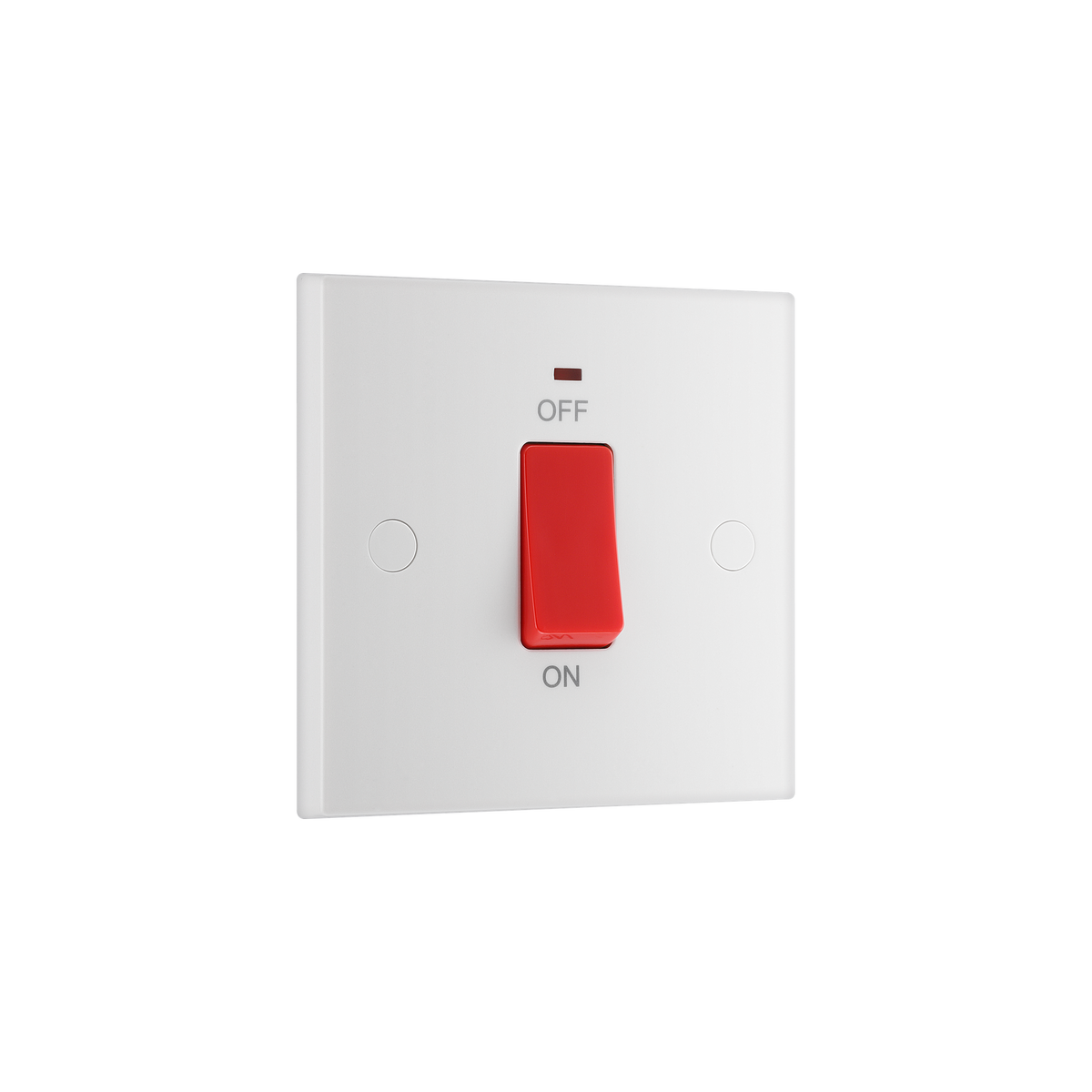 45A Square Plate Double Pole Switch with LED Indicator – Square Edge White – BG 974-0J angled view