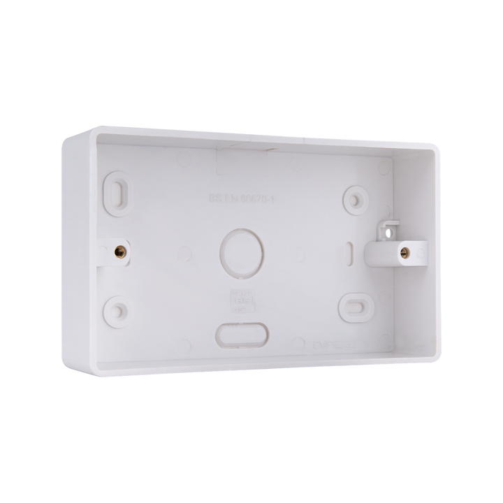 PVC Double Surface Box 32mm – Rounded Edge White – BG CMP8232-01 angled view