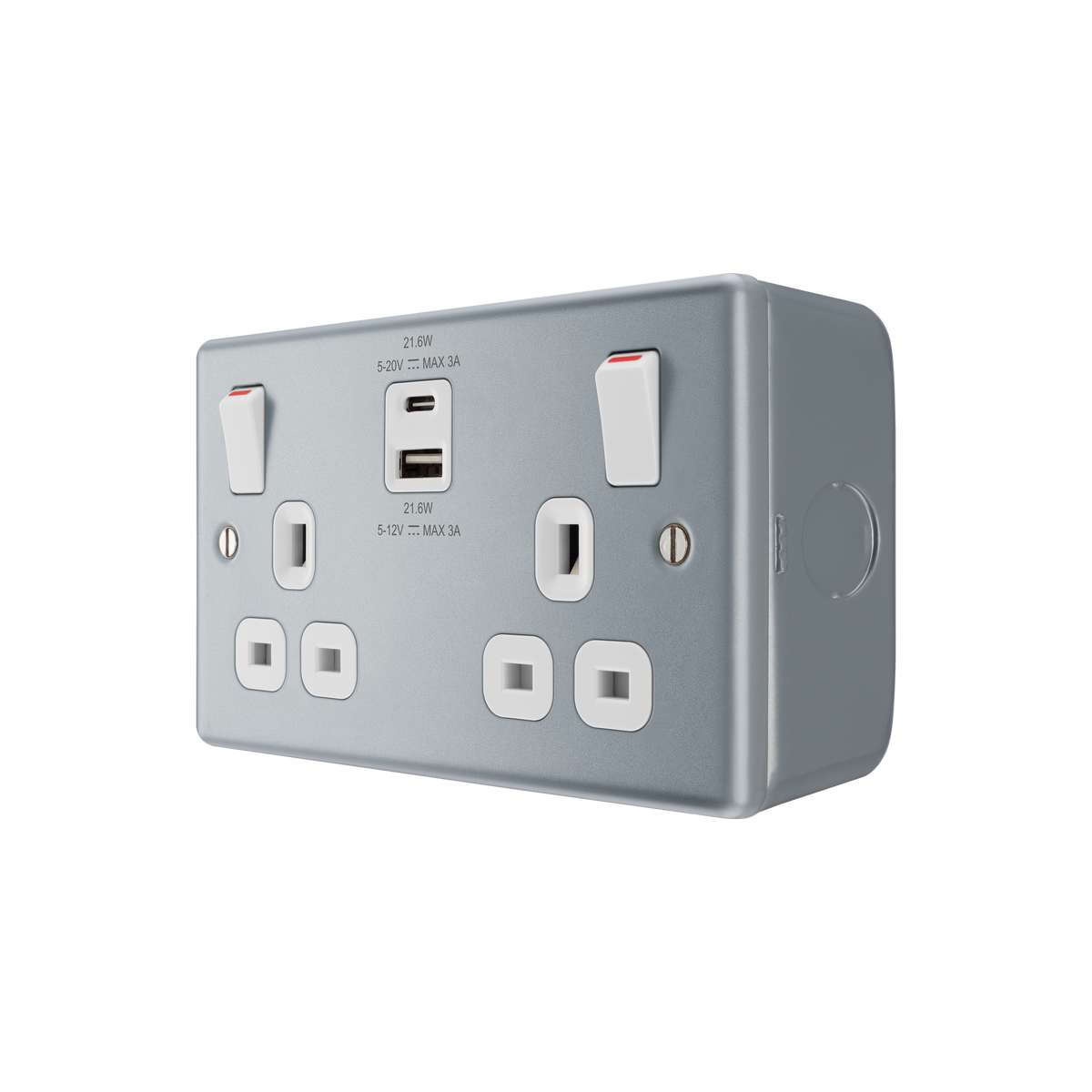 Metal Clad Double Switched Socket 13A with USB-A & USB-C 22W – BG MC522UAC22-01 angled view