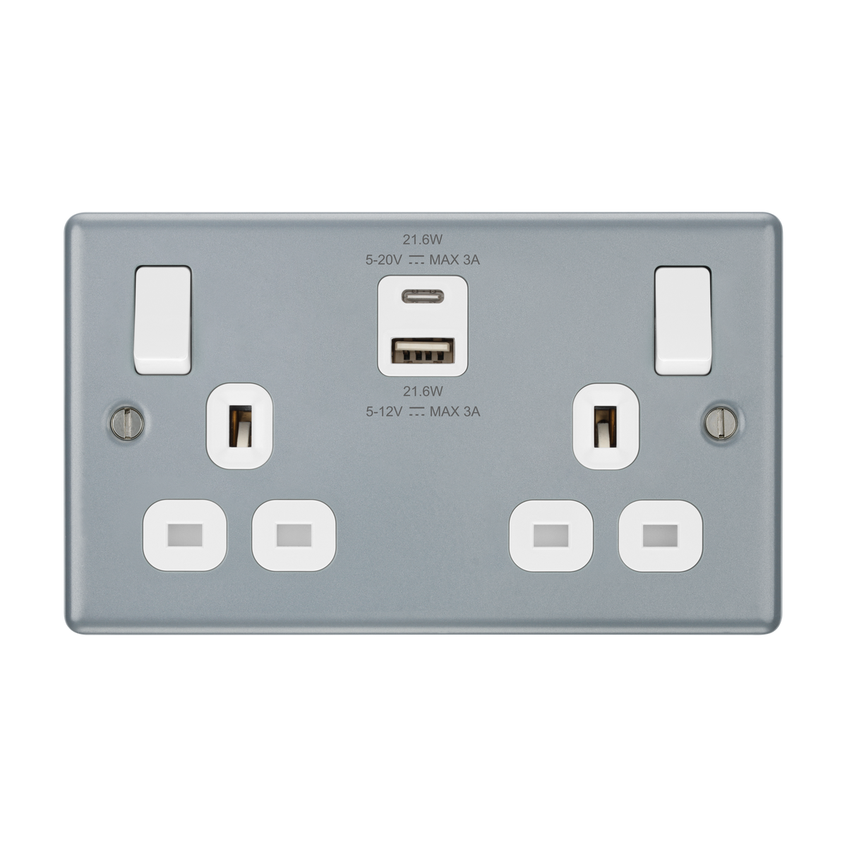Metal Clad Double Switched Socket 13A with USB-A & USB-C 22W – BG MC522UAC22-01 front view